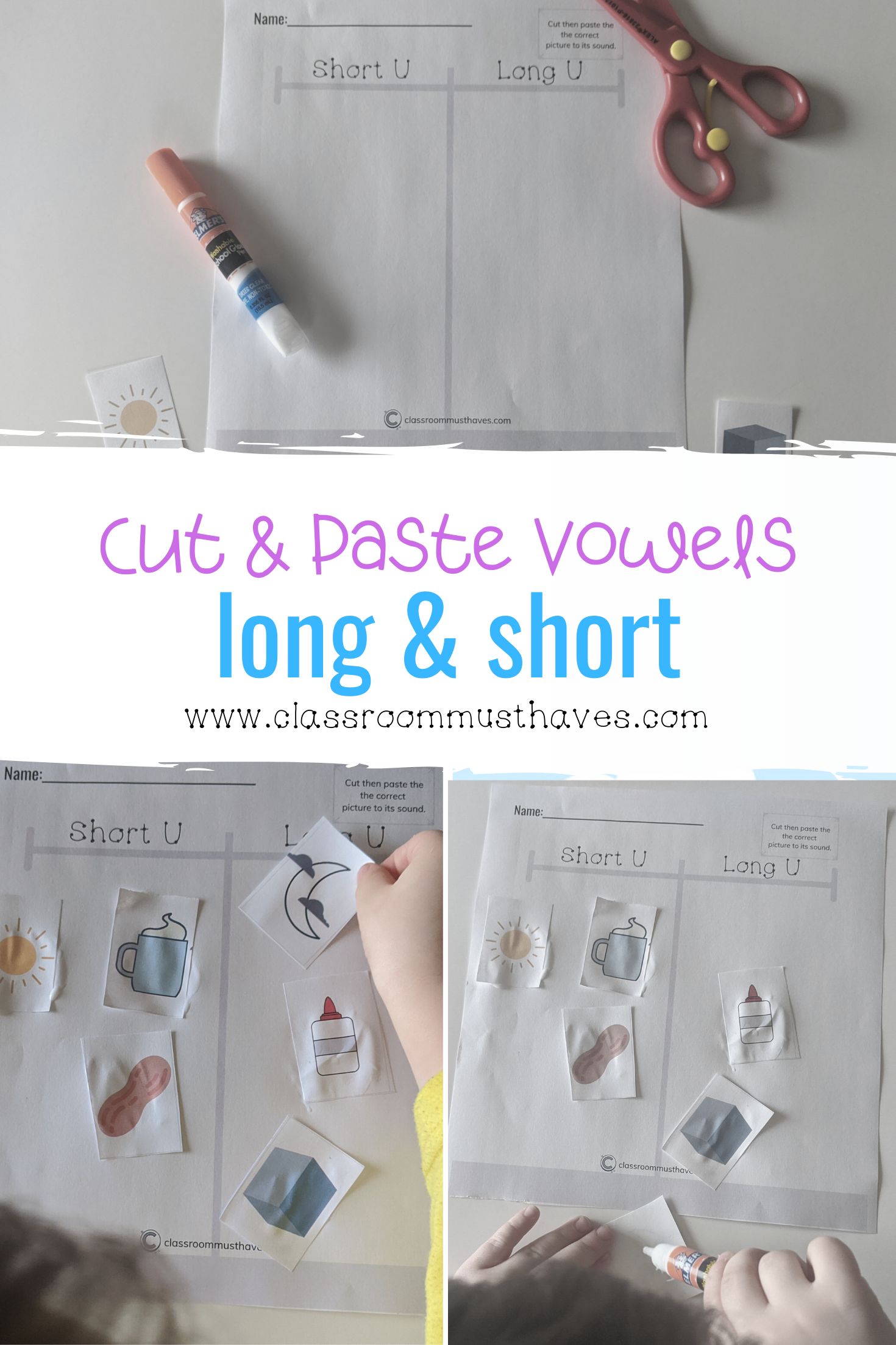 FREE Vowel Sounds Cut & Paste Activity! Great hands-on review of short and long vowel sounds. via @classroommusthaves