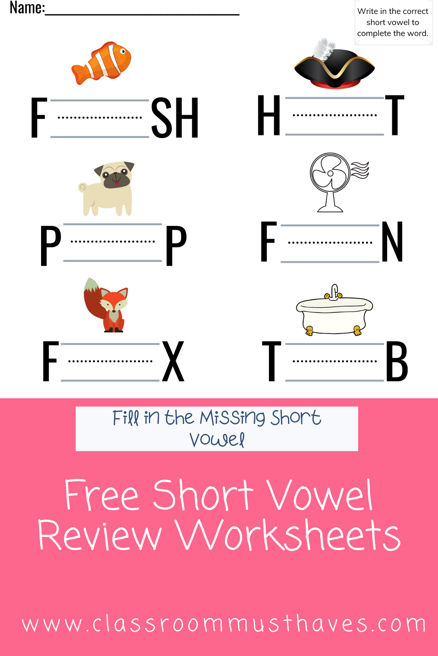 Free Short Vowel Worksheets for Kindergarten Classroom Must Haves