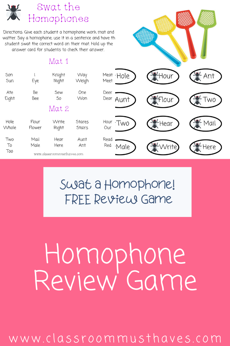 Free Homophone Swatting Game for review! Great activity to make a tricky subject fun! Download now! 