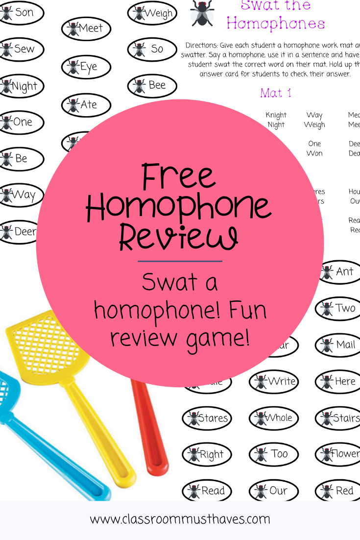 Free Homophone Swatting Game for review! Great activity to make a tricky subject fun! Download now! 