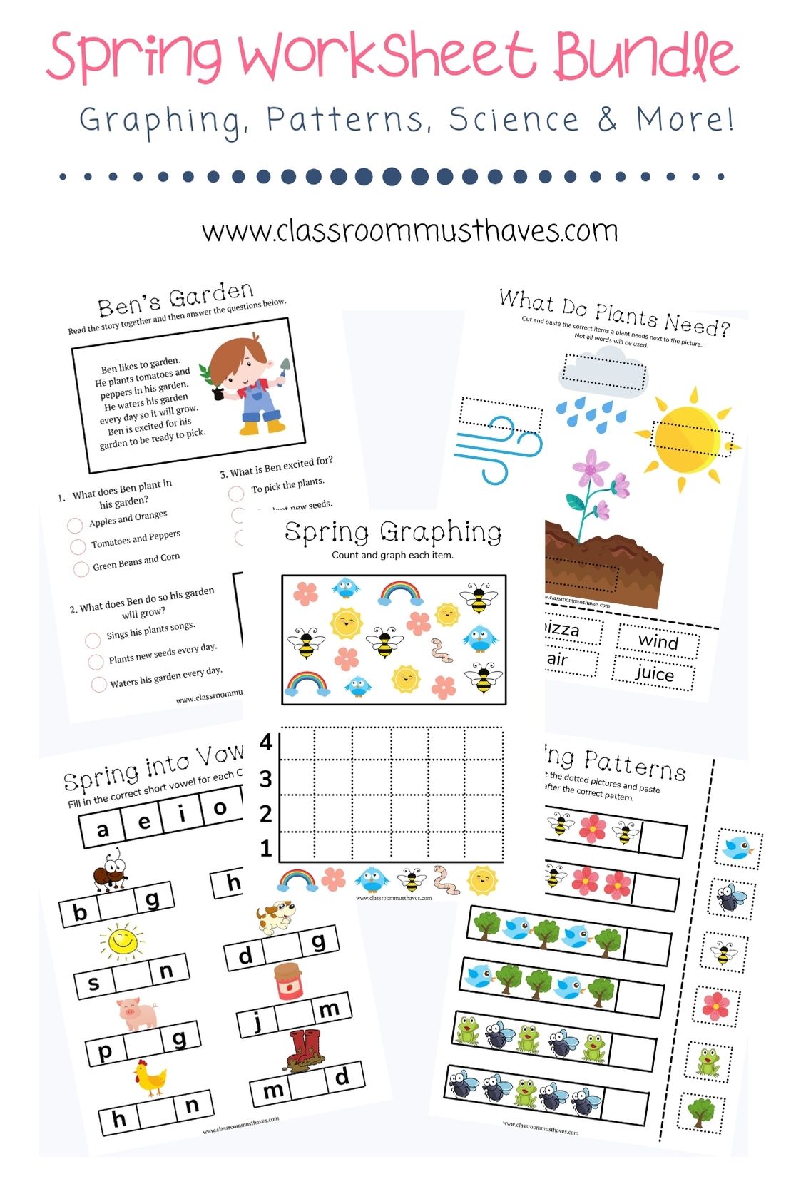 The Spring Worksheet Bundle includes 5 activities for your preschool or kindergarten classroom. Cut & Paste, Graphing, Patterns & More! Spring themed! via @classroommusthaves