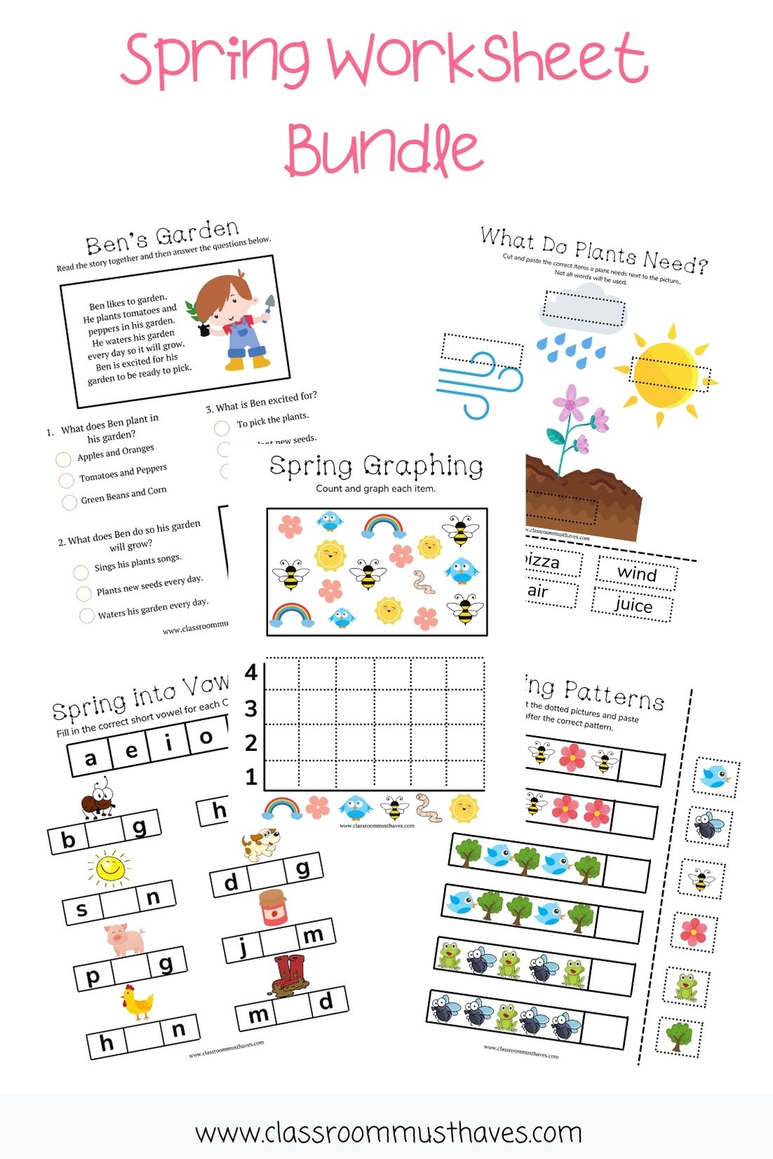 The Spring Worksheet Bundle includes 5 activities for your preschool or kindergarten classroom. Cut & Paste, Graphing, Patterns & More! Spring themed! via @classroommusthaves