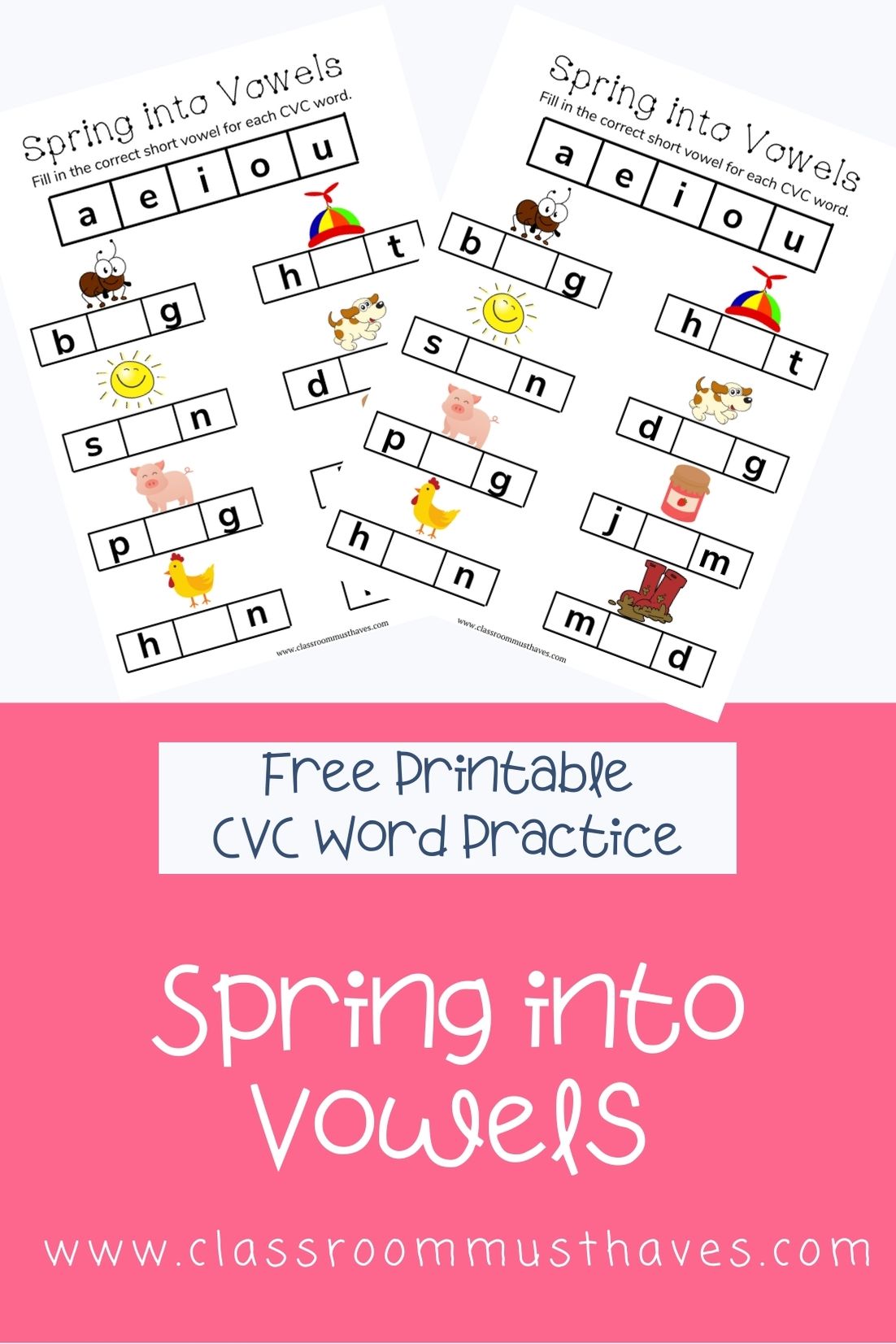 CVC Fill in the Blank Spring Themed Worksheet via @classroommusthaves