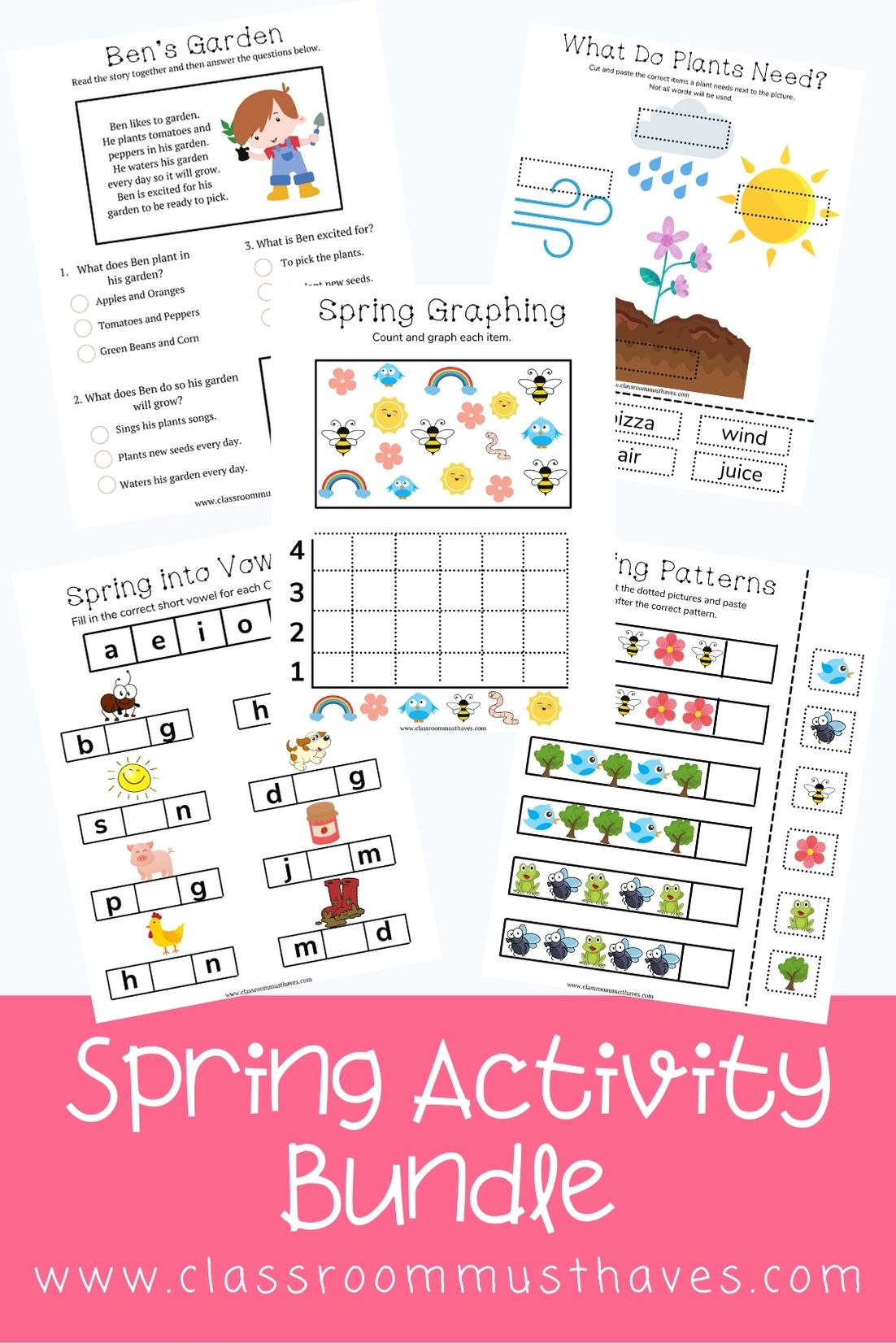 The Spring Worksheet Bundle includes 5 activities for your preschool or kindergarten classroom. Cut & Paste, Graphing, Patterns & More! Spring themed! via @classroommusthaves