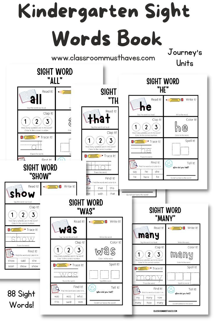 Kindergarten Journey's Sight Word Workbook. Over 80 pages of activities for each sight word that will last all school year! via @classroommusthaves