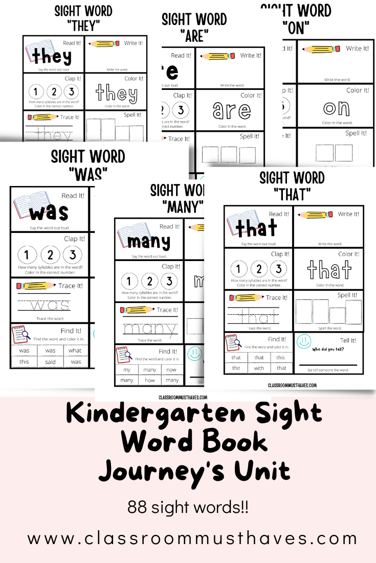 Kindergarten Journey's Sight Word Workbook. Over 80 pages of activities for each sight word that will last all school year! via @classroommusthaves