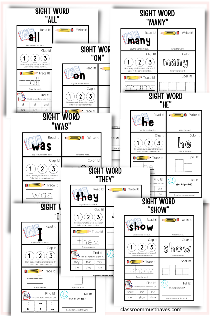 Kindergarten Journey's Sight Word Workbook. Over 80 pages of activities for each sight word that will last all school year! via @classroommusthaves